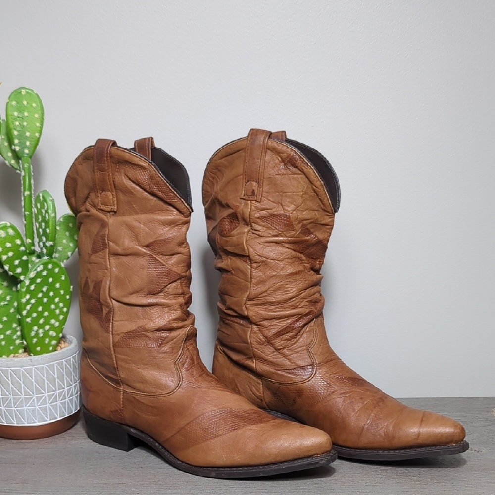 Vtg 90s‎ Dingo Leather Slouch Cowboy Western Boots Patchwork Women's Size 9 Boho